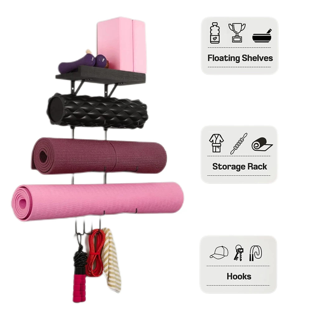 Wall Mount Yoga Mat Foam Roller and Towel Rack Yoga Mat Holder for Hanging Yoga Strap Resistance Bands