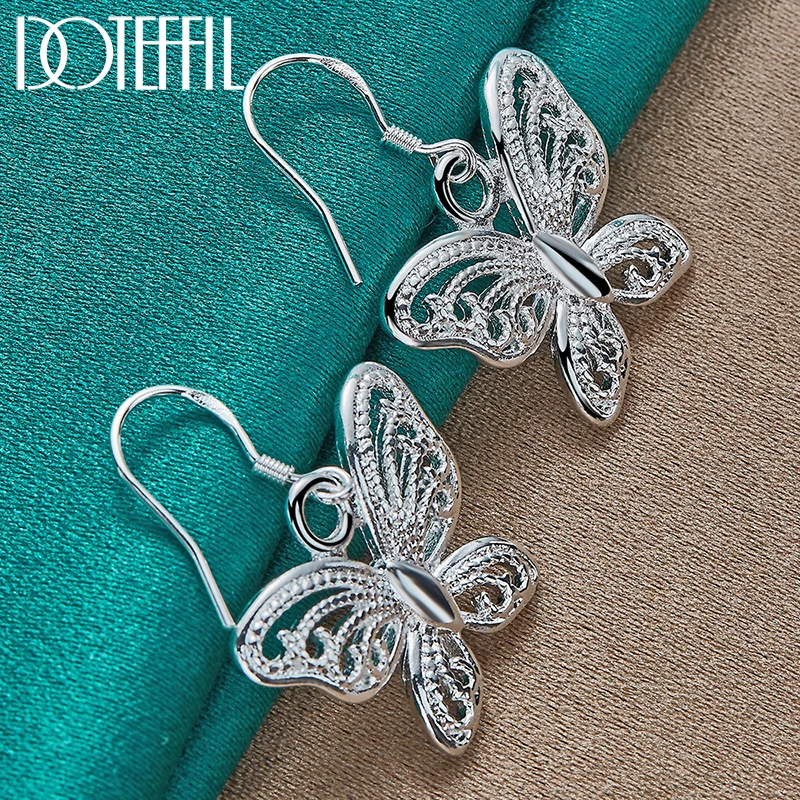 DOTEFFIL 925 Sterling Silver Hollow Butterfly Drop Earring For Women Wedding Engagement Party Fashion Charm Jewelry