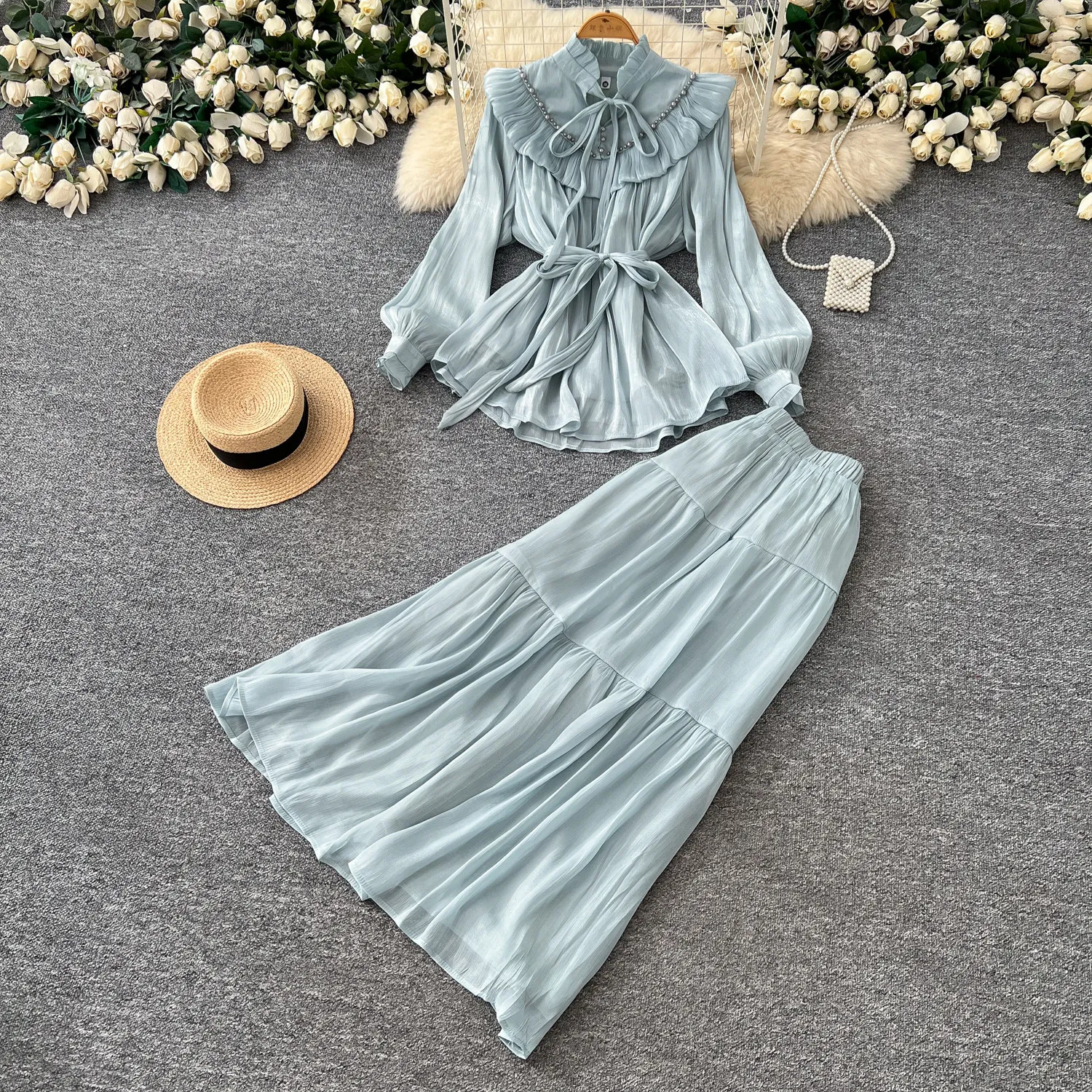Elegant Rhinestone Ruched Two Pieces Sets Chic Blouse with Pleated High Waist  Skirt Party Gown Fall Sets