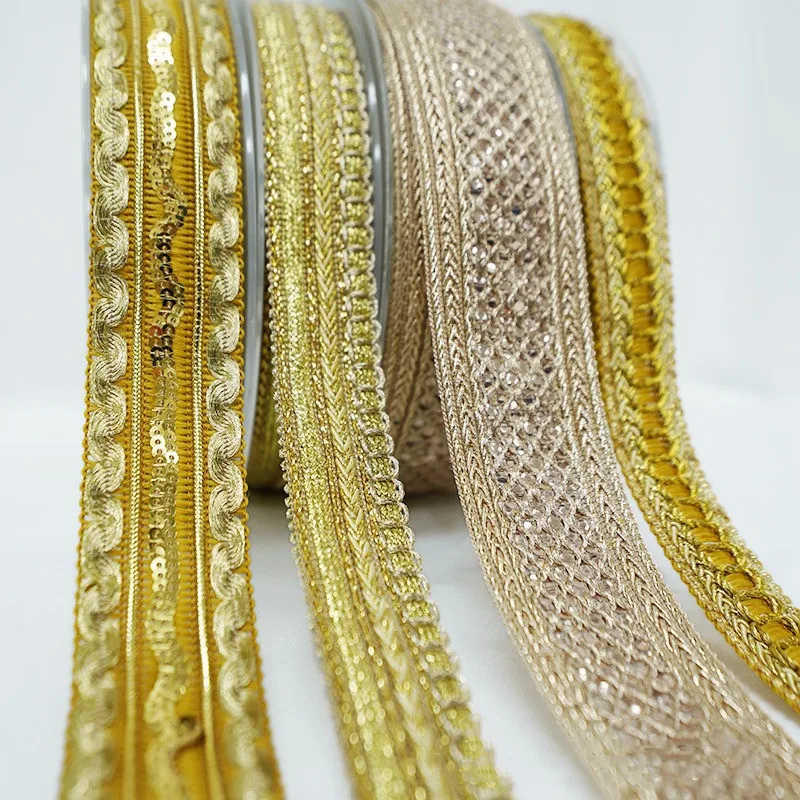 Gold Thread Lace Trim Ribbon Webbing, Ethnic Style Clothing Embroidery, Sequin Fabric, Jacquard Accessories, 1 Yards