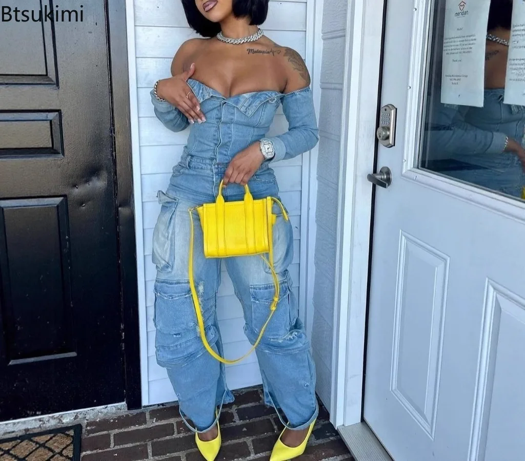 New Women Off Shoulder Long Sleeve Washed Denim Jumpsuit Multi Pockets Cargo One Piece Outfit Casual Street Trendy Urban Wear
