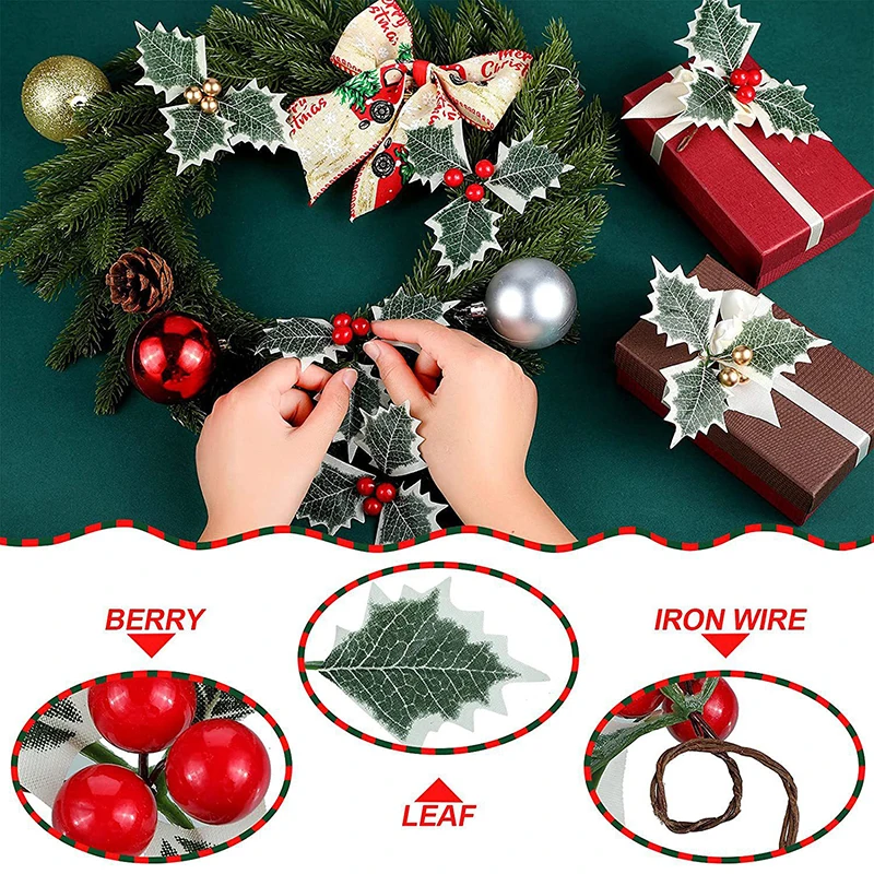 10Pcs Artificial Holly Berries With Leaves For Christmas Wreath Flower Arrangement Gift Scrapbooking Decor