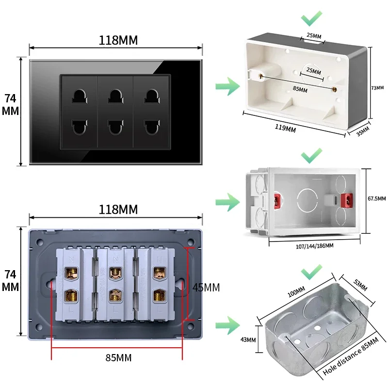 118 มม.กระจกนิรภัย/PC แผงสวิตช์ผนัง BR EU UN US TH ปลั๊กไฟ USB Type-C ทีวีอะไหล่คู่ DIY ฟรี COMBINATION Outlet