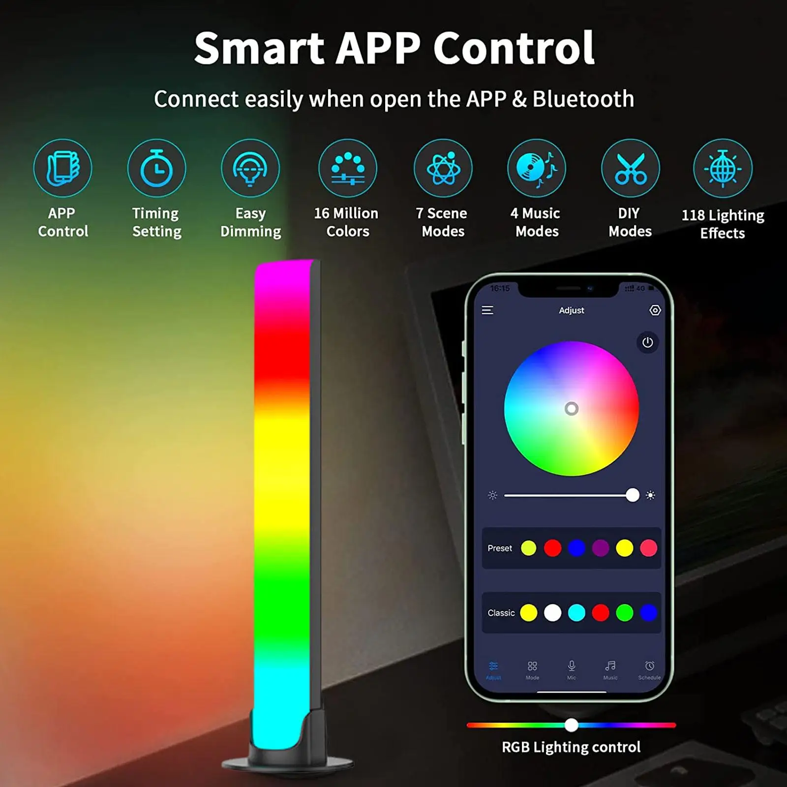 Ses işıkları Pickup LED ışık USB RGB gece lambası ses aktive müzik ritim ortam işığı yatak odası Bar parti için App kontrol