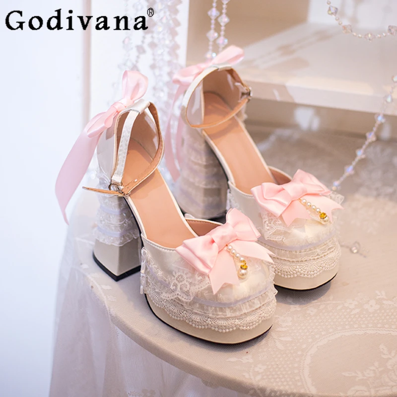 

Women's Sweet Wedding High Heels 2025 New Women's Cute Bow Lace Elegant Princess Lo Thick Sole Shoes Ladies Lolita Y2K Cos Pumps