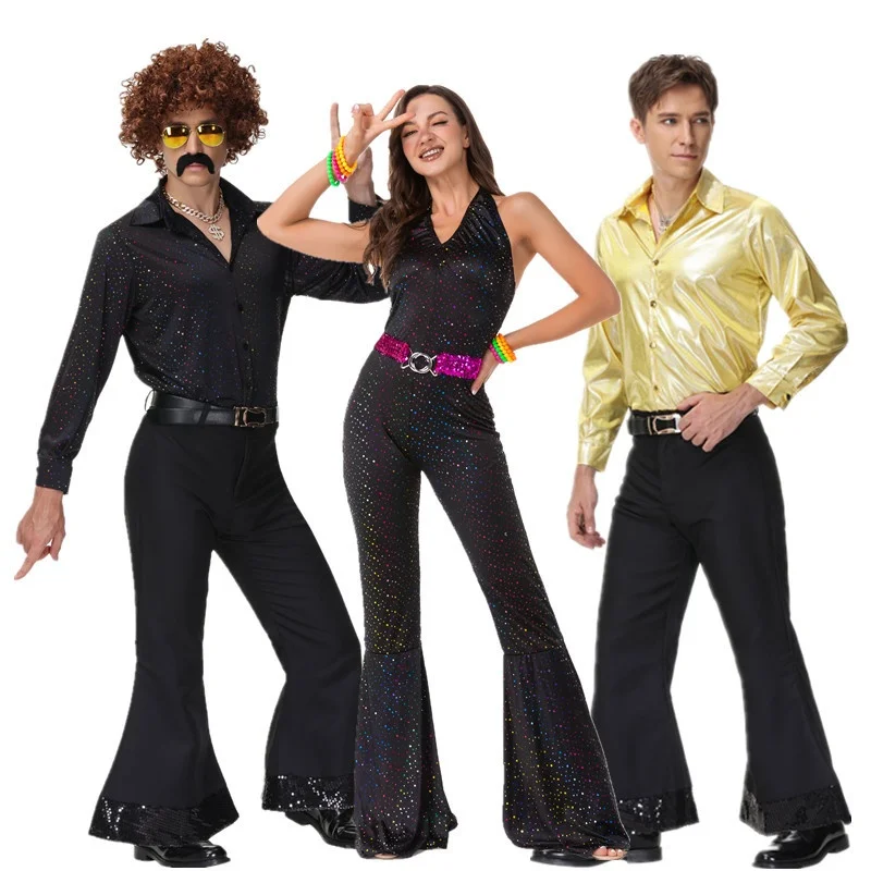 

Retro Disco Couples Outfit Starry Fashion Bell Bottoms Halloween Hippie Performance Clothing Long Pants Set Stage Costume