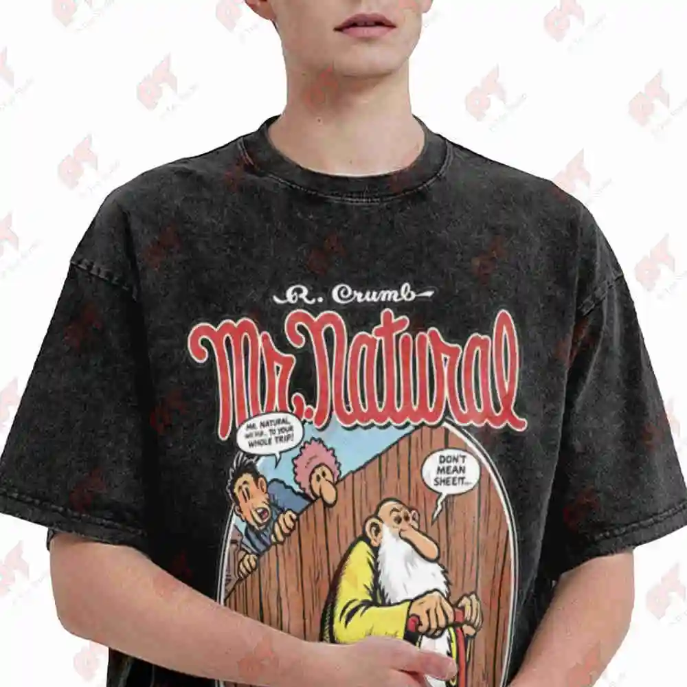 Mr Natural Fritz The Cat Robert Crumb Vintage Washed Tee Pure Cotton T-Shirt