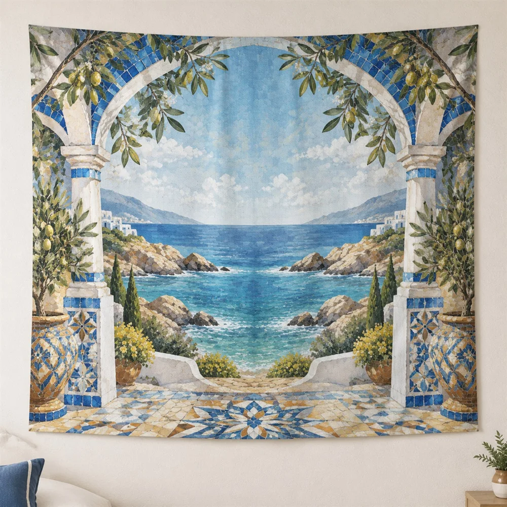 VIKAMA Coastal Rocks Mirror Symmetric Tapestry Wall Hanging, Mediterranean Wall Art Tapestries for Living Room Bedroom Entryway
