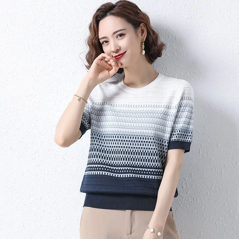 Elegant Fashion Harajuku Slim Fit Female Clothes Loose Casual Sweat All Match Tops Women Patchwork Stripe Short Sleeve T-shirts