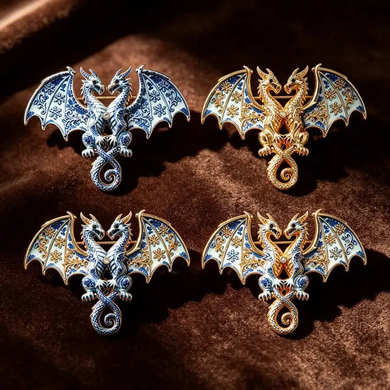 1Pcs Animal Double Headed Dragon Design Brooches for Men and Women Blue-and-White Porcelain-Inspired Jewelry Fashion Accessories