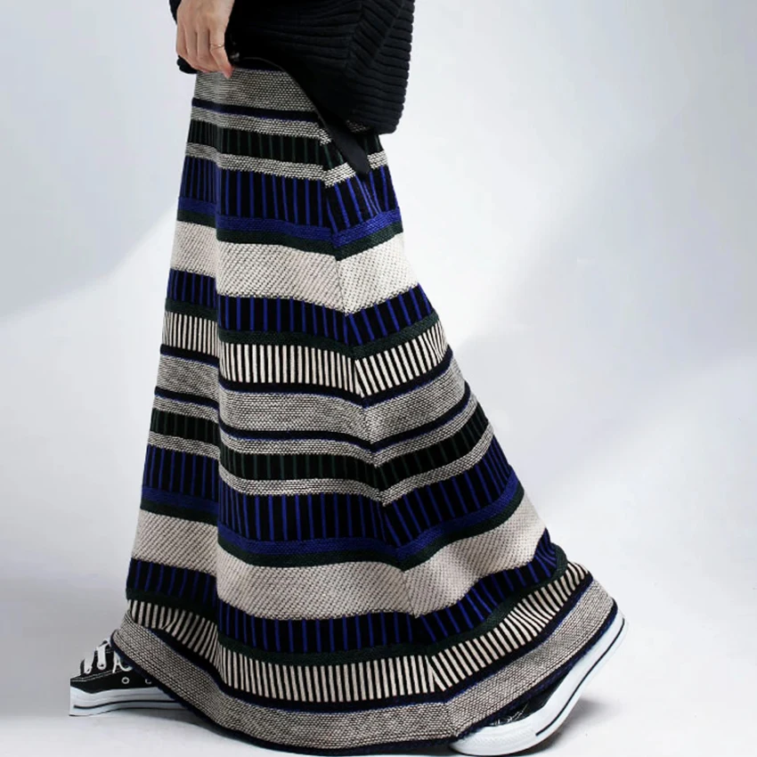 Thiened Knitted Color Blo Striped f Skirt Floor Length Asymmetrical Hem High Waist A-Line Korean Sle Commute Skirt
