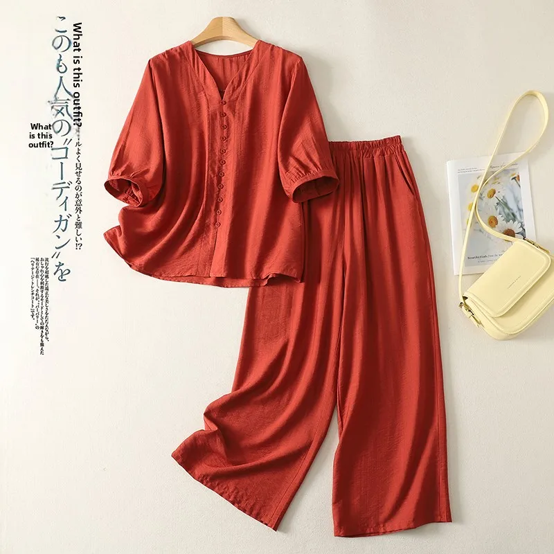 

Spring Summer 2026 New Cotton Linen Set European Style plus Size Women's Clothing Anti-Aging T-Shirt Top Wide Leg Pants Two-P...