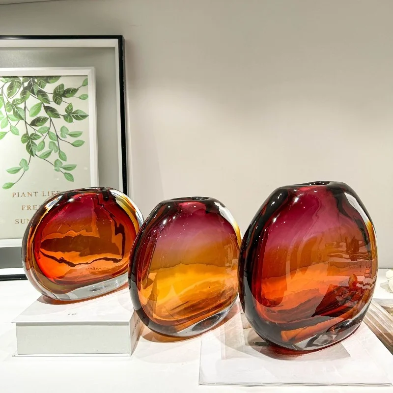 Crystal glazed sunset color large vase, modern light luxury, simple living room dining table, soft decoration accessories