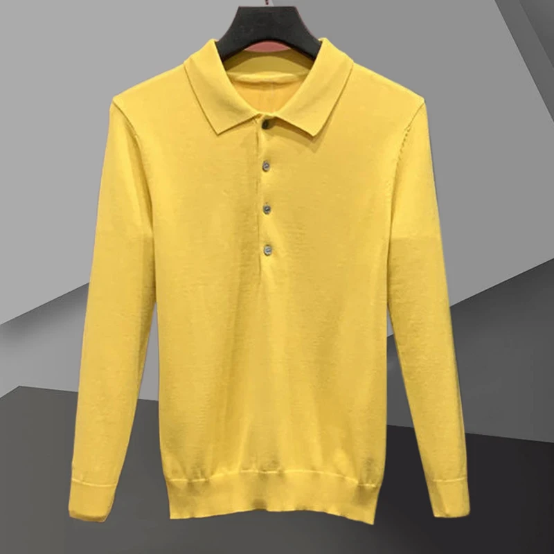 2023 British Lapel Men Solid Color Polo Top Slim Fit Mens Casual Long Sleeve Polo Pullover Fall Winter Business Polo Homme