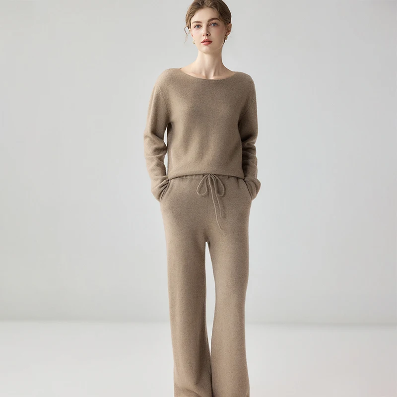 Fashion Women's 100% Cashmere Pullover Sweater Wide Leg Pants Suit Autumn Winter Long Sleeve Simple Knitwear Grace Cashmere Set