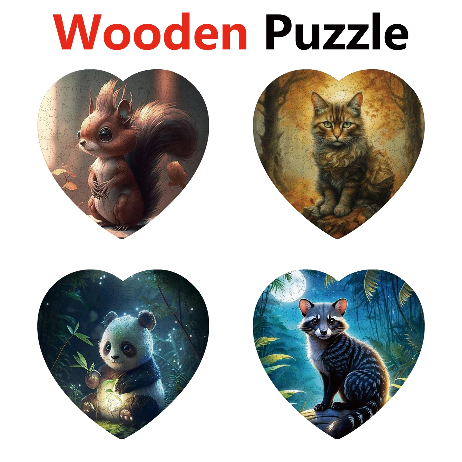 

Heart-Shaped Animal Jigsaws For Adult Child Gifts Pet Raccoon Squirrel Panda Puzzles Distinctive Party Game Mysterious Wooden
