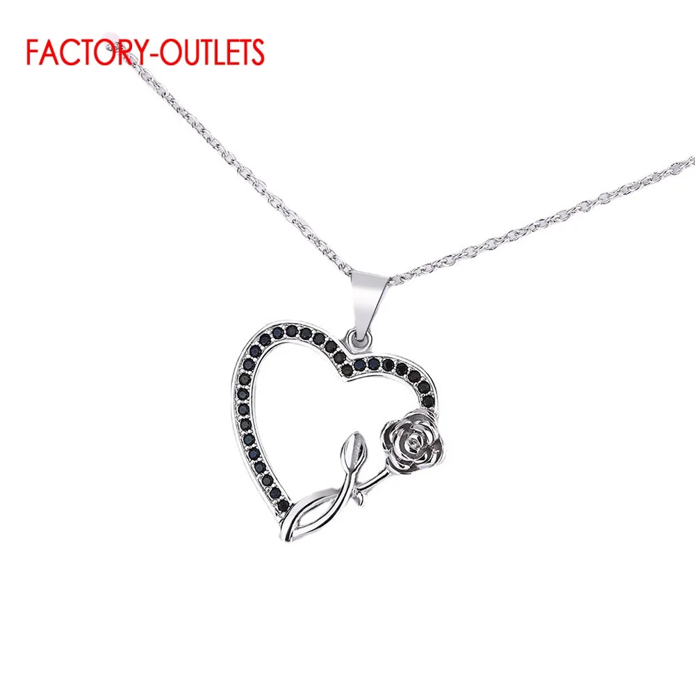 Classic Pure 925 Sterling Silver Color Hear Rose Pattern Pendant Necklace For Women Fashion Simple Necklace Fine Jewelry