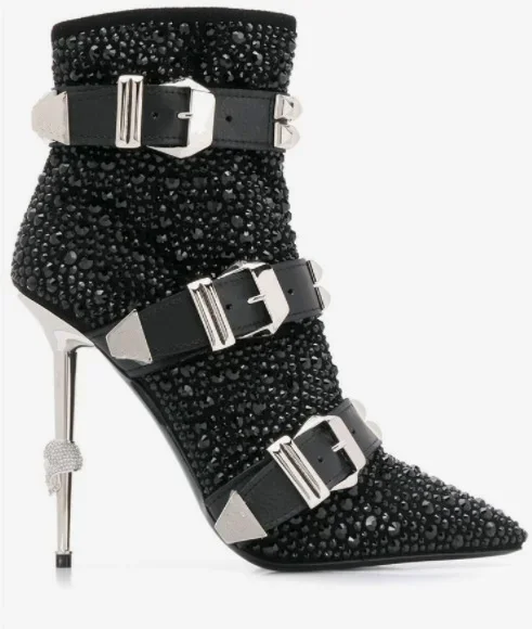 

Женские роскошные ботинки на тонком высоком каблуке со стразами и металликом, женское платье, ботильоны на молнии с пряжкой и острым носком, модная пикантная обувь