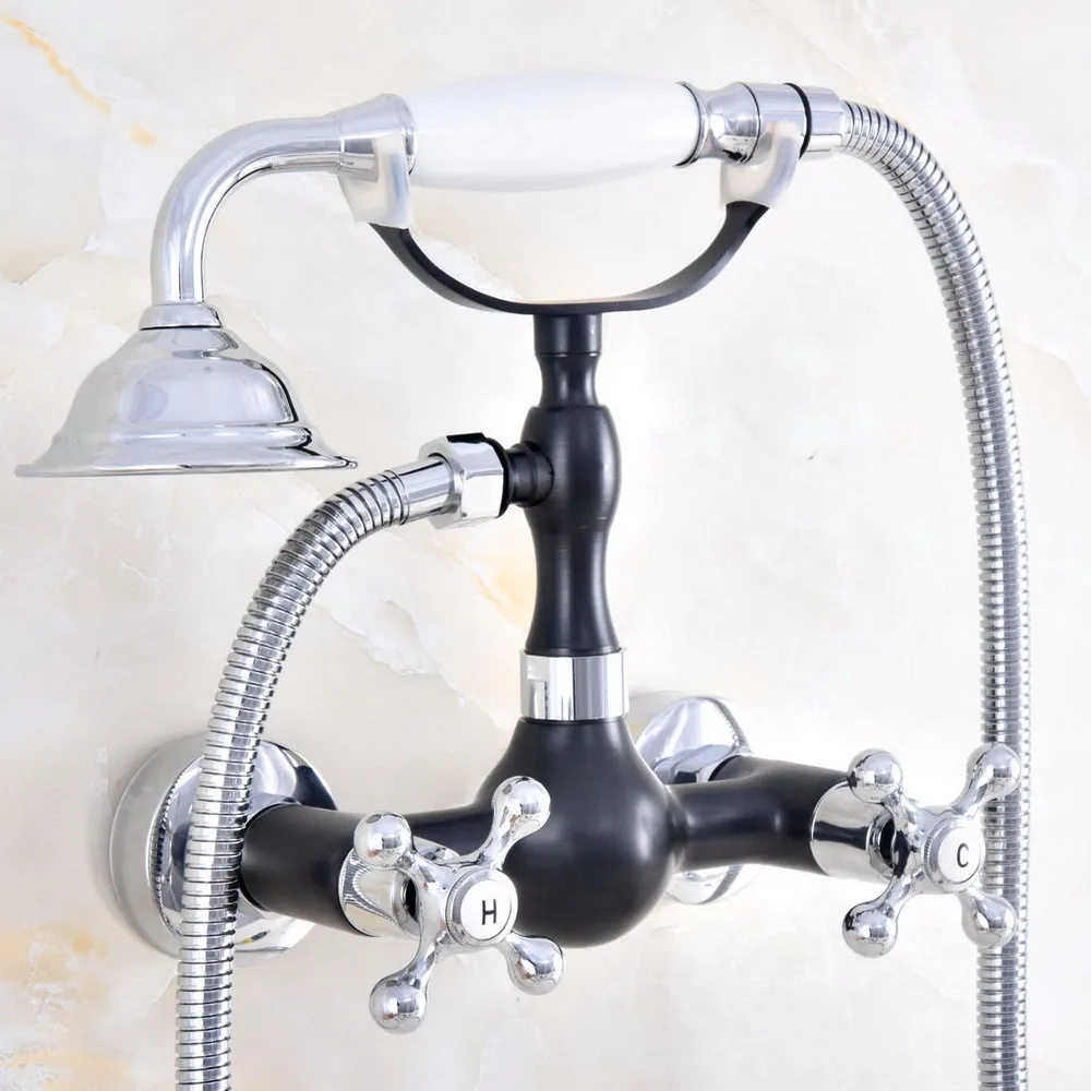 

Black Oil Rubbed & Polished Silver Brass Wall Mounted Bathtub Faucet with Handheld Shower Set +150CM Hose Mixer Tap 2na609