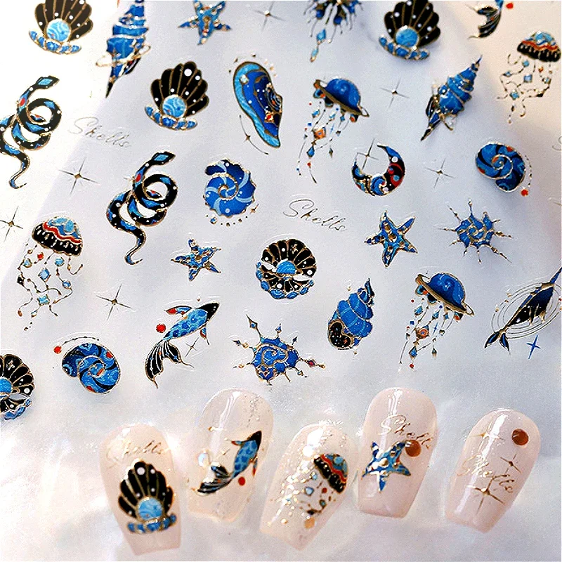 Koi Fish Star Moon Shell Snake Jellyfish Totem Gems Conch Starfish Y2K Dragon Phoenix Crane Deer Nail Art Sticker Manicure Decal