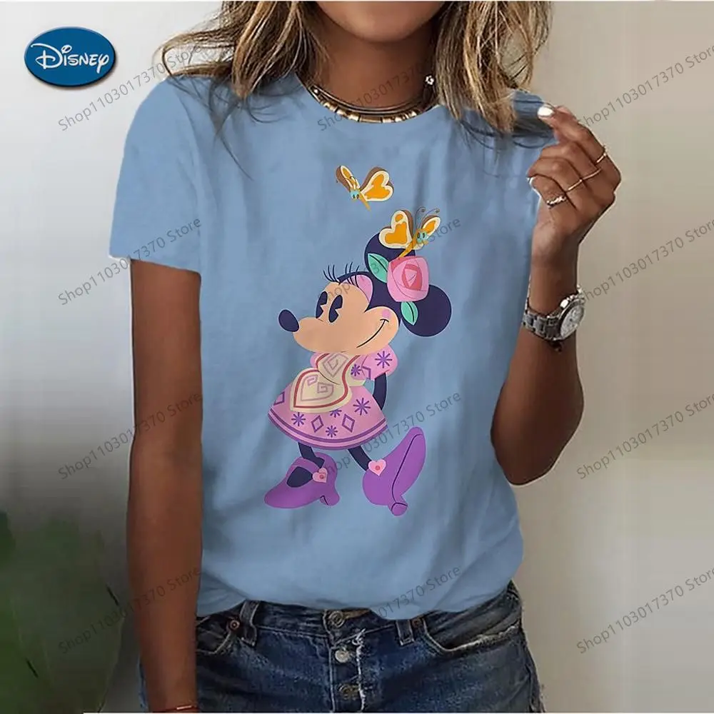 Camiseta con estampado de cabeza de Minnie Mouse de Disney, Tops informales de cuello redondo de dibujos animados, ropa para bebés, niños y niñas,