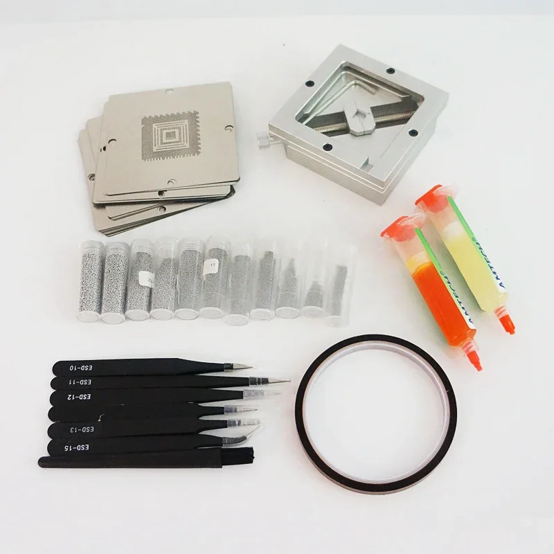 BGA Kit 6 90 * 90 Rework Fixtures with 23 Resoldering Bga Template Kit for Game Console Tweezers Heating Tape 10cc Flux