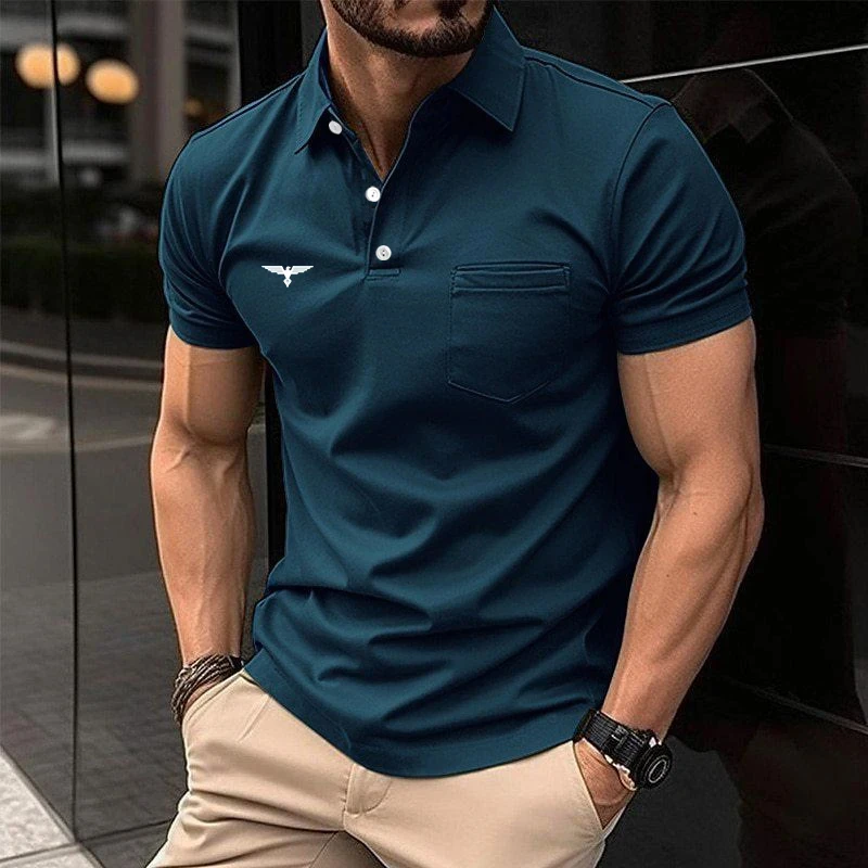 Summer Men Casual Short Sleeve Button Polo Shirt with Pocket image 3