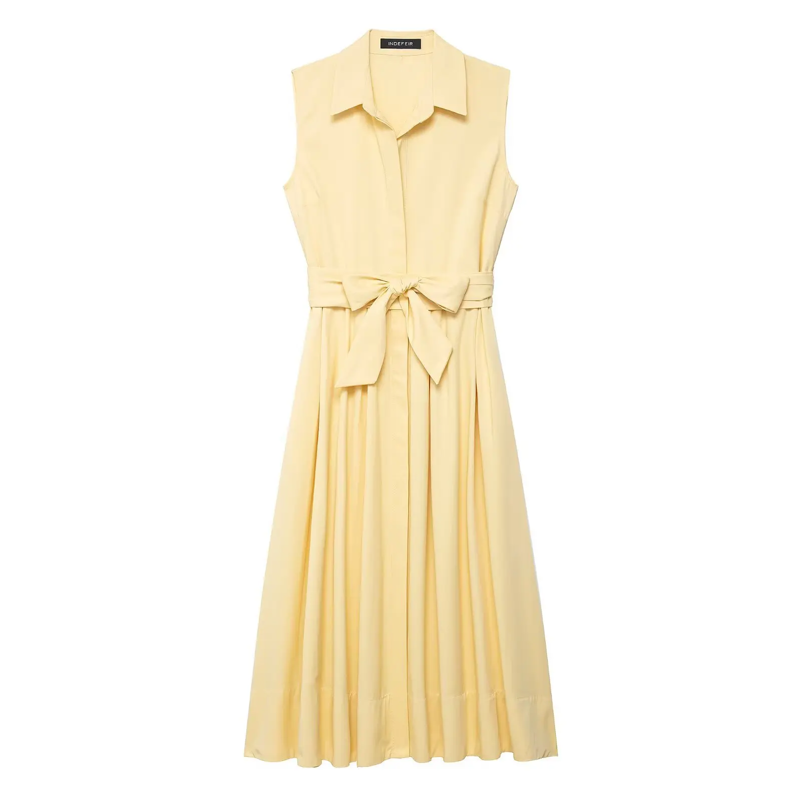 Elegante abito camicia gialla senza maniche da donna con bottoni risvolto gonna lunga a pieghe con lacci 2025 abito da pendolare da donna alla moda estiva