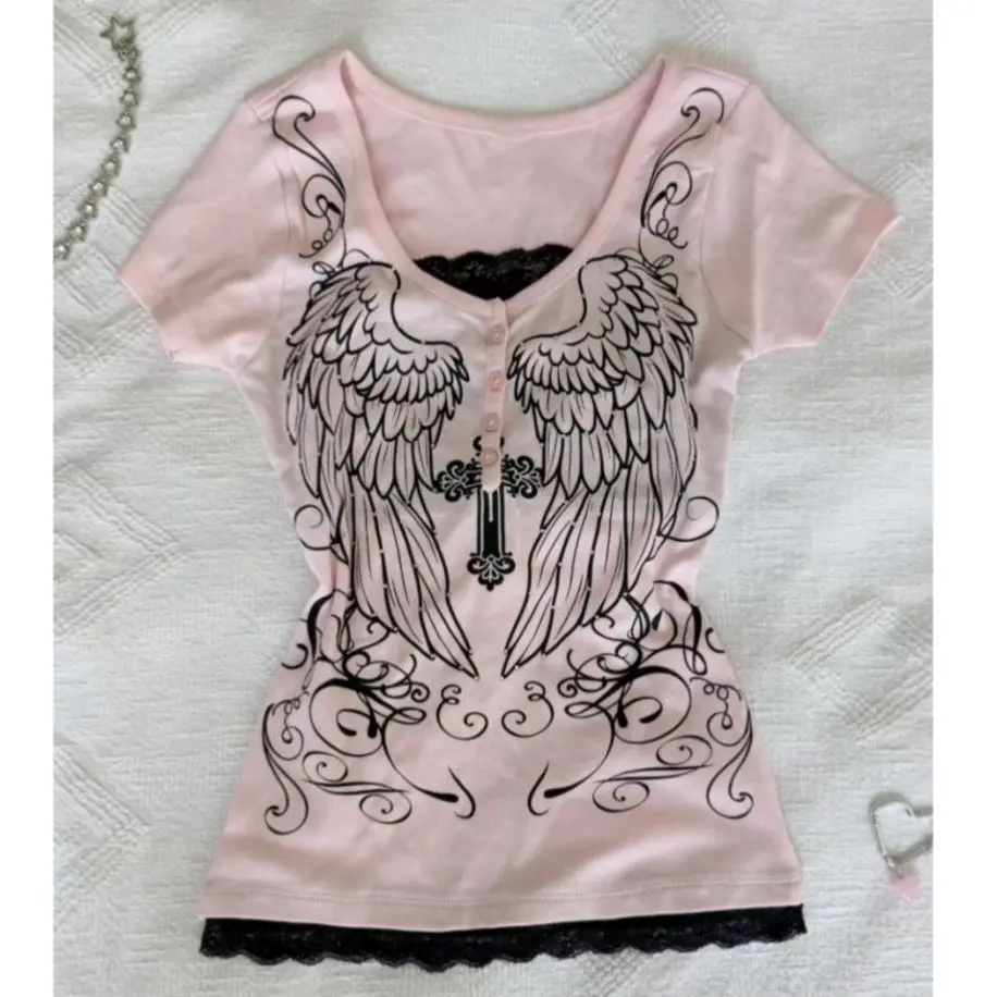 American Retro Subculture Cross Wing Print Slim Fit T-Shirt Y2K Lace Fake Two-Piece Pure Desire round Neck Button Closure