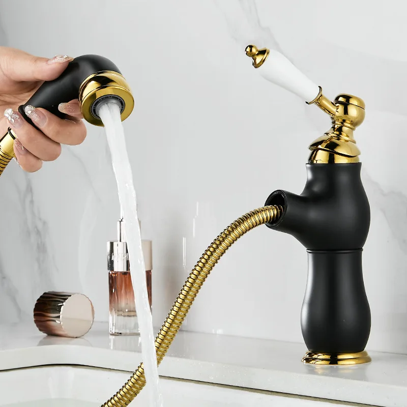 French retro pure copper pulling faucet, brass basin bathroom cabinet faucet