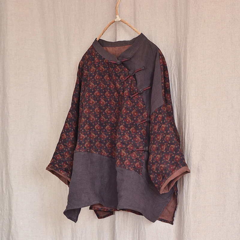 Chinese Style Women Cotton Linen Casual Shirt New 2025 Spring Vintage Style Patchwork Print Loose Female Tops Shirts M788