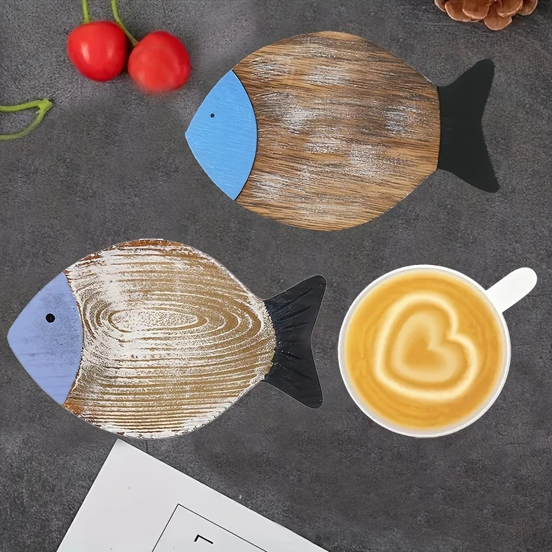 4pcs Whimsical Fish-Shaped Wooden Coasters - Vibrant Blue & White Patterns, Heat-Resistant, Perfect for Coffee & Tea Lovers