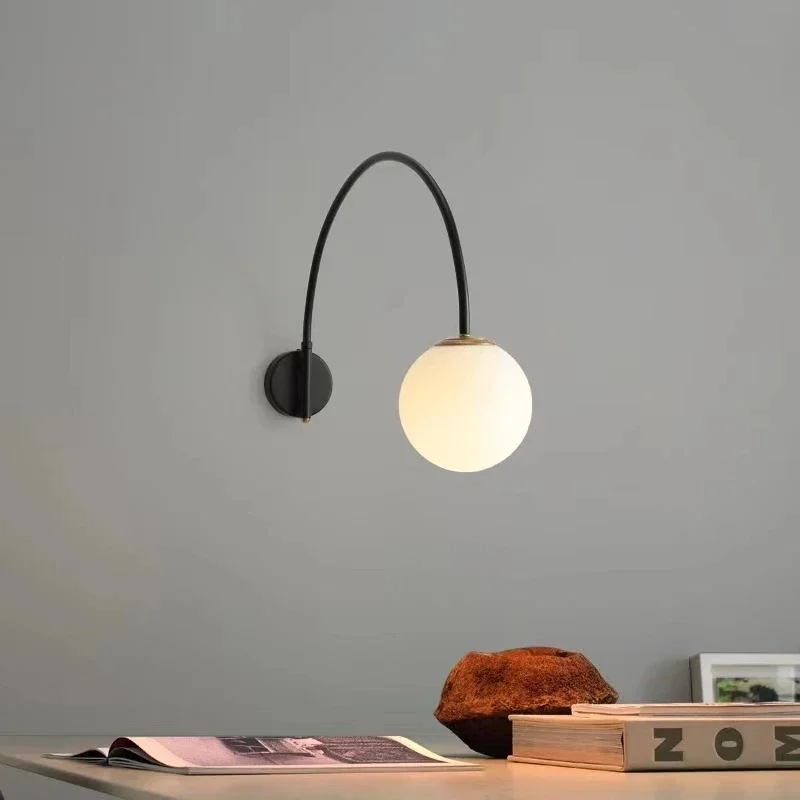 Nordic Black Arm Opal Glass Globe Wall Sconce, Mid-Modern LED Wall Lamp Bedroom Bathroom Vanity