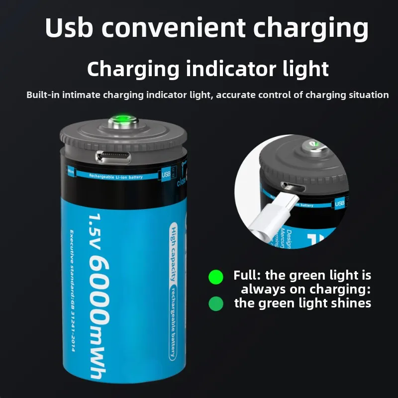 1-4pcs/lot New 1.5V 6000mWh USB Rechargeable Battery No.2 C-type Battery for Water Heater Showerhead Rocking Chair Flashlight