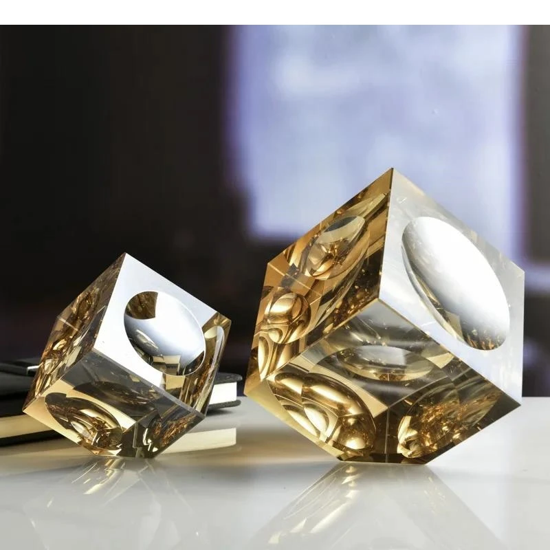 Square Crystal Ornament Clear Glass Block Geometrically Concave Transparent Figurines Home Decoration Accessories