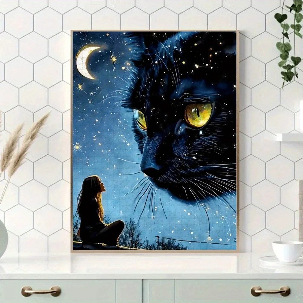 Puzzle di gatto nero e al chiaro di luna da 1000 pezzi - Puzzle su larga scala con mezzaluna, stelle e design di gatto nero, impegnativo