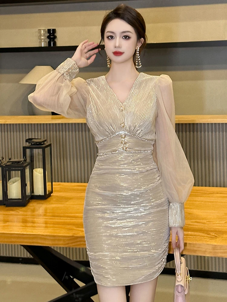 New Fashion Lady Sparkly Gold Bright Silk Evening Short Dress Women Clothing Elegant Luxury Sexy V-Neck Slim Party Prom Vestidos