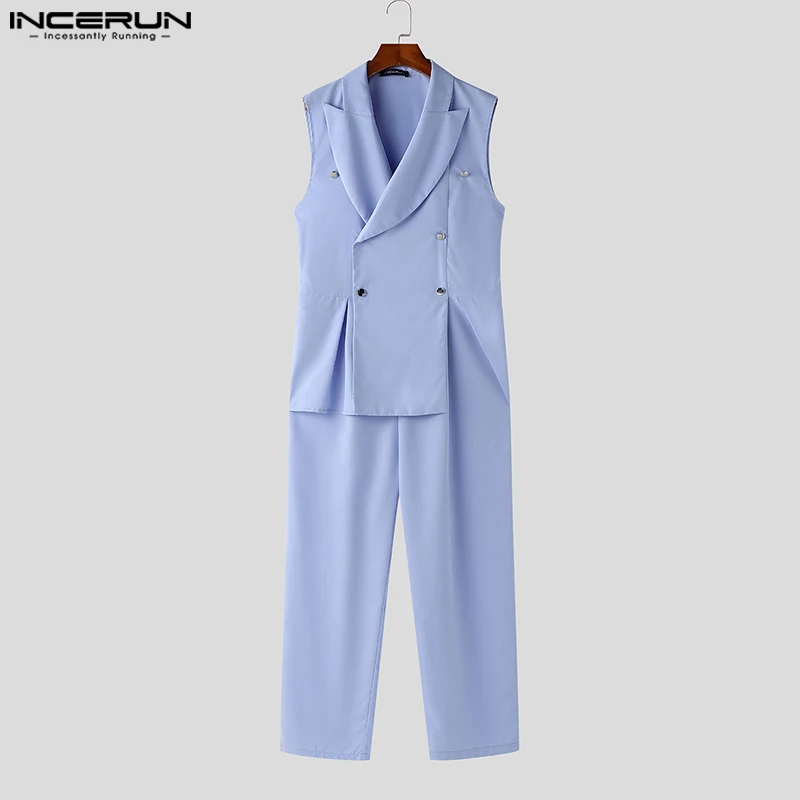 INCERUN Men Jumpsuits Lapel Collar Sleeveless Double Breasted Elegant Blazer Suit Long Pants Rompers Male One Piece Overalls