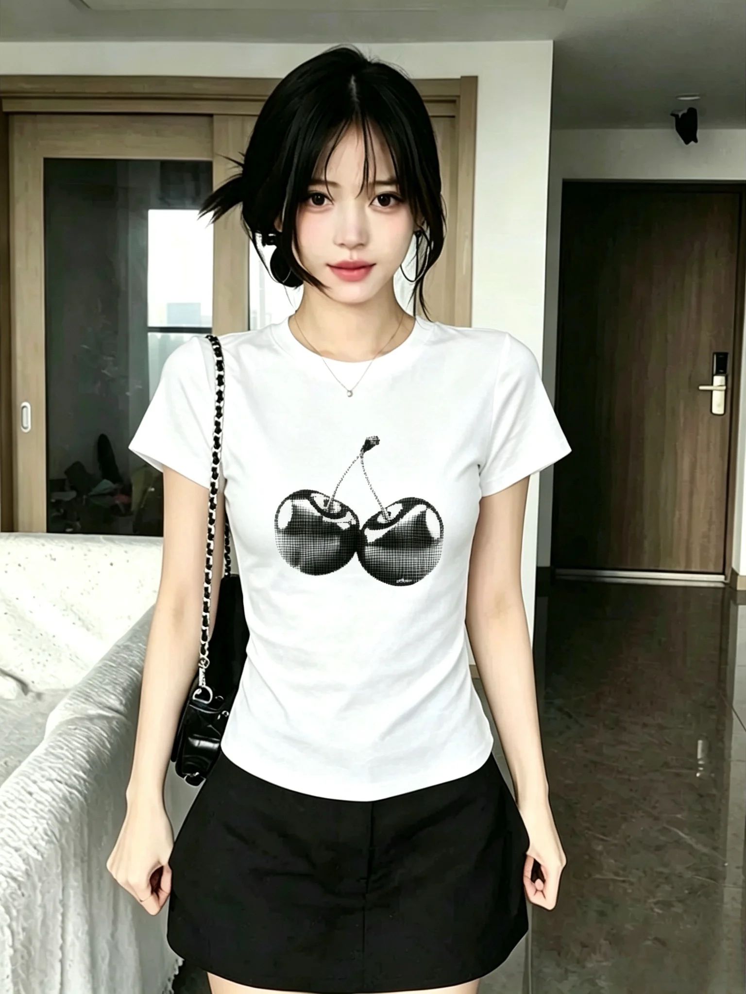 American Style Metal Cherry Print Pure Cotton Short Sleeve T-Shirt Women's Slimming Sexy Unique Top Shoulder Width Regular