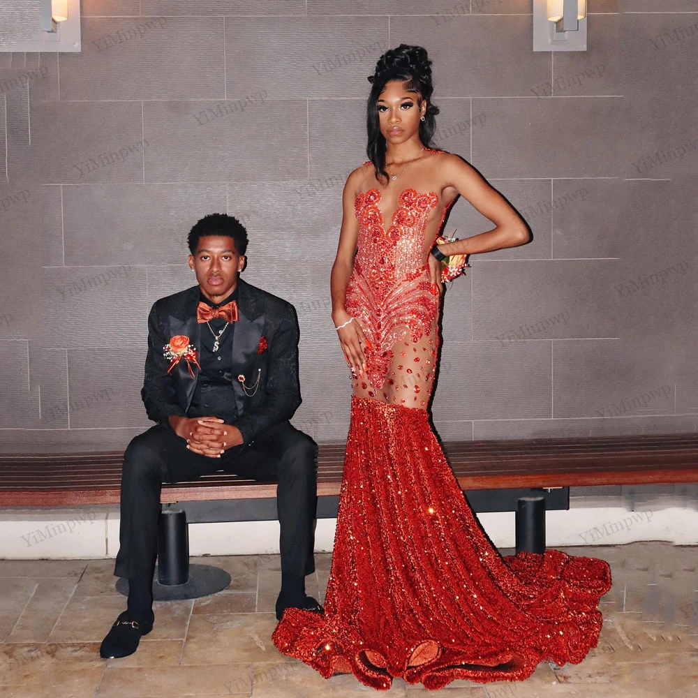 

Sexy Red Rhinestone Party Prom Dresses Mermaid Sleeveless Sequin O-Neck Long Cocktail Gowns Customized Luxuries Birthday Gowns