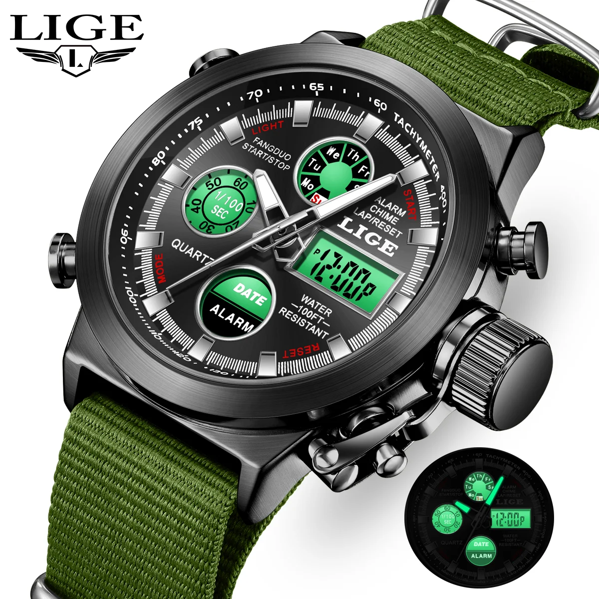 Reloj LIGE Nuevo para Hombre, Estilo Militar, 3ATM Impermeable, LED Digital Analógico, Reloj de Cuarzo de Moda, Reloj de Pulsera para Hombre, Reloj Hombre