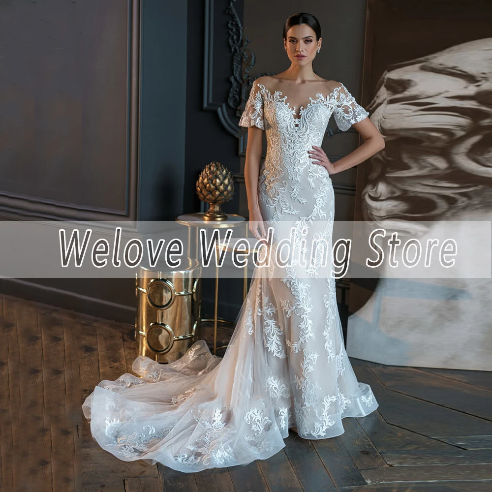 Vestidos de novia de sirena, bohemios, delicados apliques, cuello transparente, manga corta, elegante vestido de novia Formal, tren de barrido personalizable