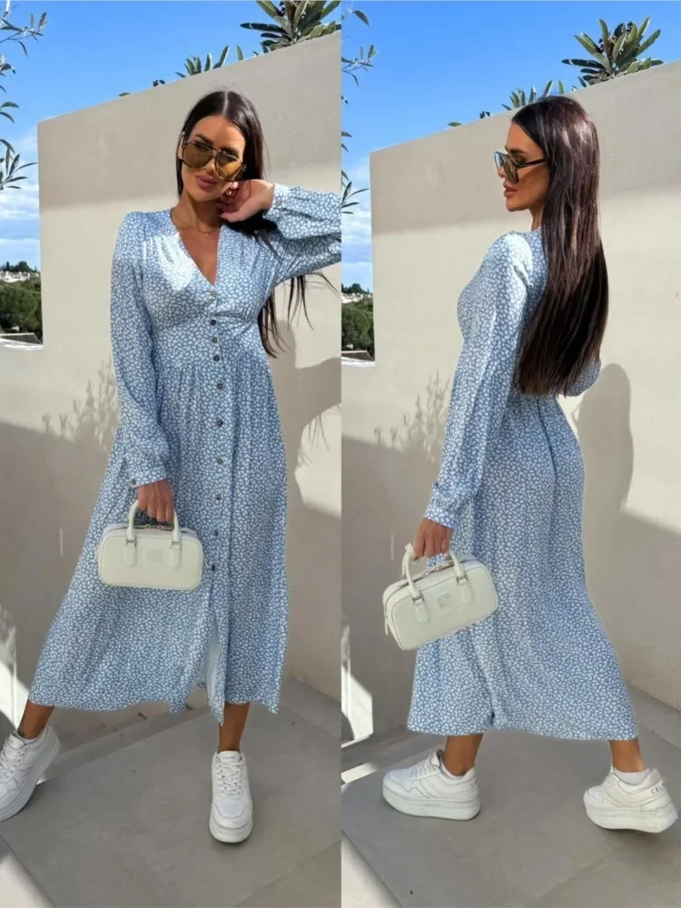 الحلو Preppy نمط الأزهار طباعة فستان طويل المرأة موضة الخامس الرقبة زر كم طويل قميص فستان الربيع فساتين الحفلات غير رسمية