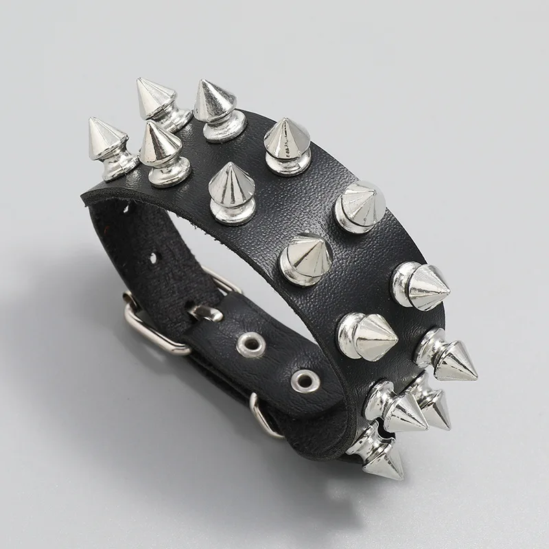 Punk Bracelet for Men Women - Goth Black Leather Wristband with Metal Spike Studded- Spike Rivets Cuff Bangle Adjustable image 5