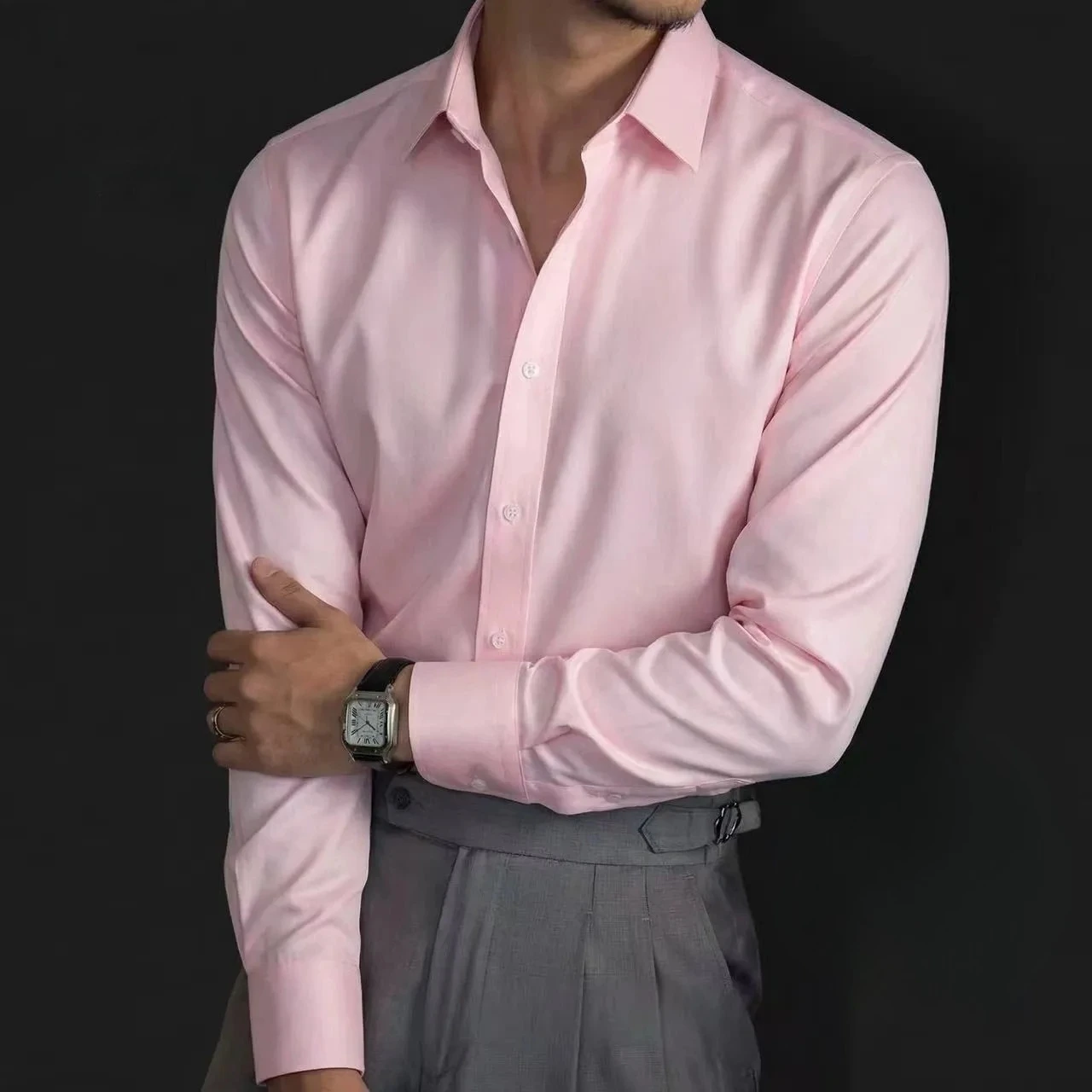 2026 Spring Autumn Men Business Casual Shirt Mulberry Silk Modal Solid Color Soft Breathable Non-Iron Stretch Long Sleeve Shirt view 4