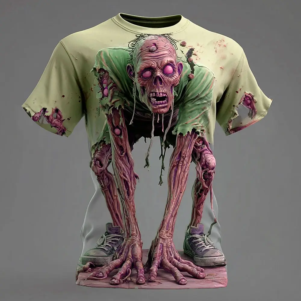 Halloween Men's Optical Illusion Zombie Short Sleeve 3D Printed Round Neck Shirt Exaggerated Design