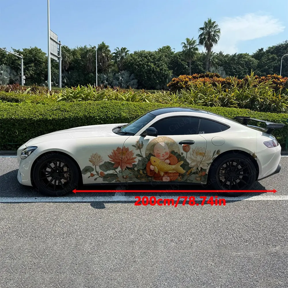 2pcs Lucky Kid & Koi Painting, Durable, Fade-resistant, Enhance Vehicle Aesthetics With Bold Artistic Design Car Vinyl Wraps