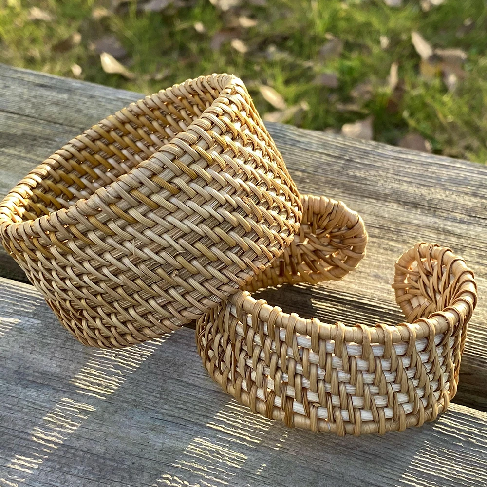 Lifefontier Handmade Brown Bamboo Rattan Wide Wrist Bangles Bracelets For Women Vintage Ethnic Braided  Bracelet Party Jewelry