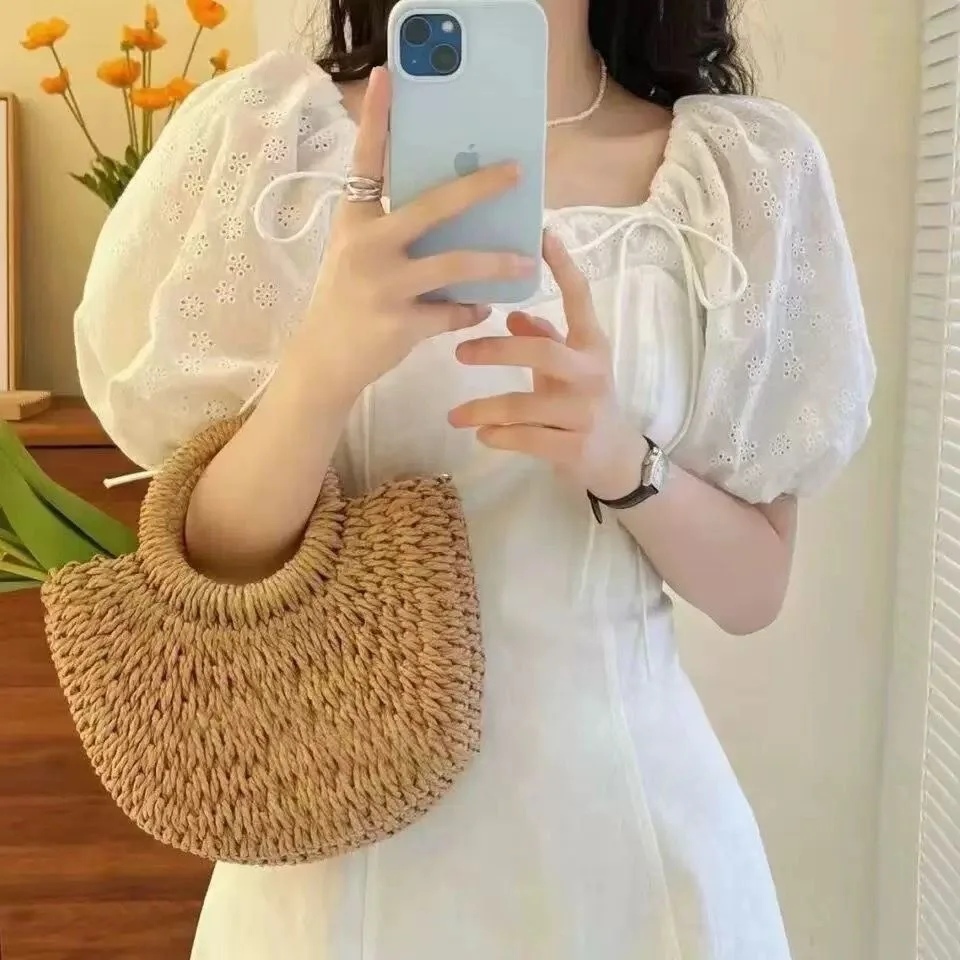 Hand Woven Straw Semicircle Tote Bag Large Capacity Handheld Crossbody 2-in-1 Beach Vacation Fashion Bag for Women