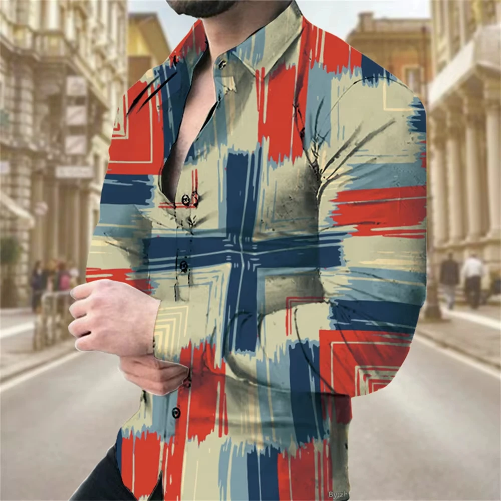 

Men's Colorblock Button Shirt Printed Long Sleeve Fashion Casual Holiday Party Street Spring and Summer Lapel Printed Shirt ，